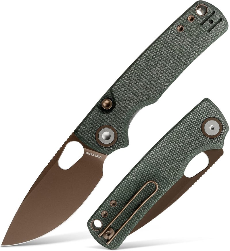 Vosteed Porcupine EDC Pocket Knife - 2.99" 14C28N Copper Dune Blade - Top Liner Lock, Green Micarta Handle - Camping, Hiking Knives - A2609 - Image 1
